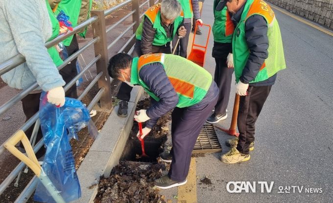 평택시 신평동 자율방재단 도로 빗물받이 낙엽 청소 재해예방 활동